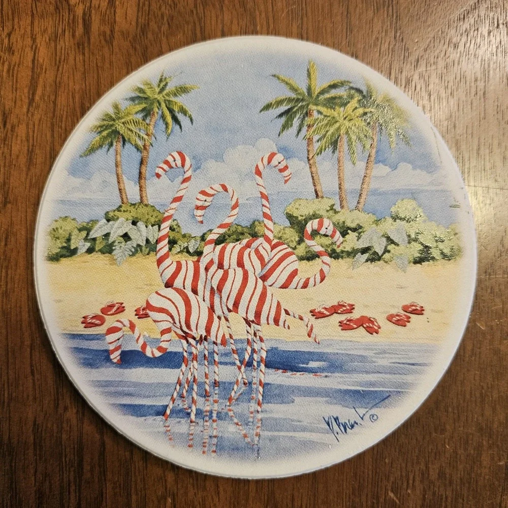 Beach Christmas Coaster Set Of 4 With Holder Candy Cane‎ Lighthouse Flamingos